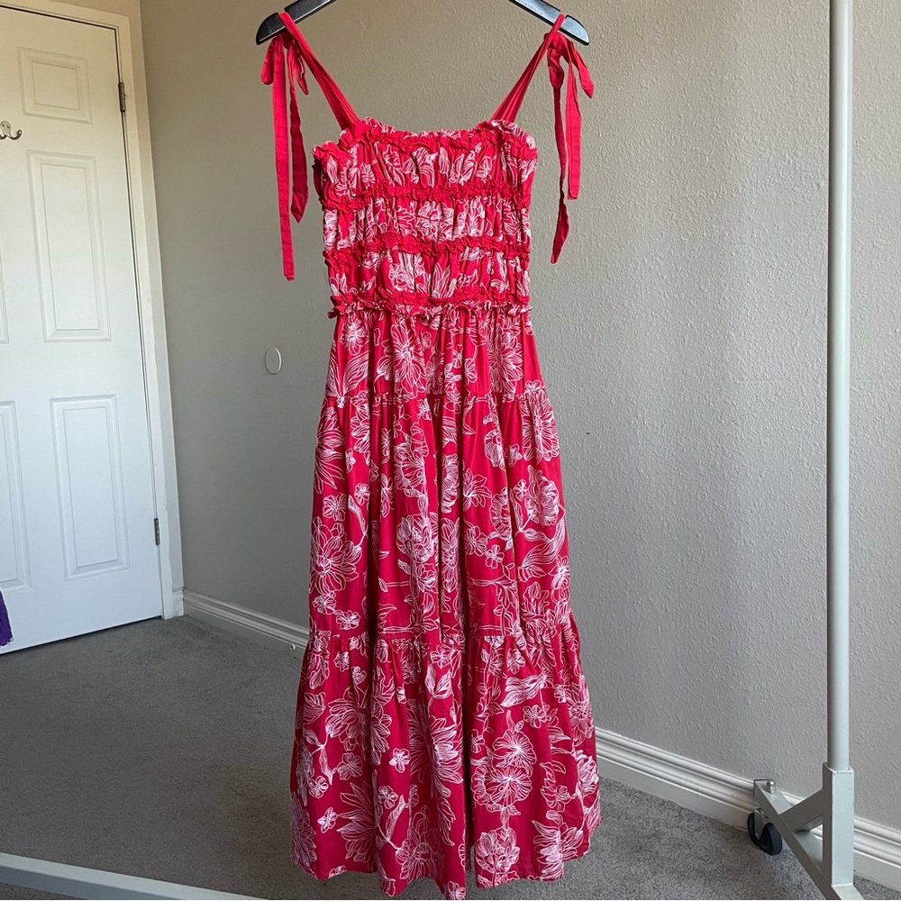 En Saison Red and White Floral Smocked Cotton Maxi Dress